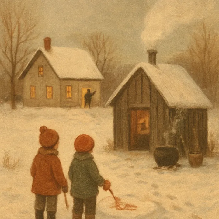 Illustration : deux enfants dans la neige près d'une cabane à sucre fumante, une maison éclairée au loin